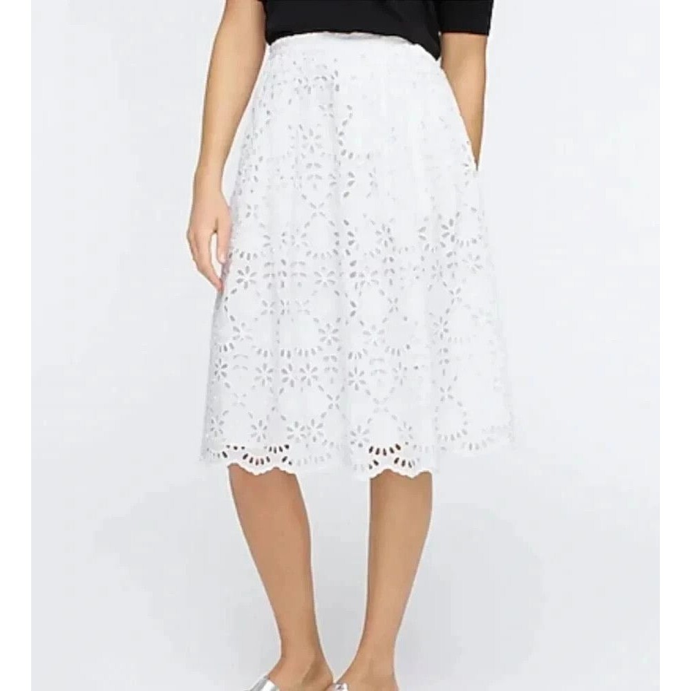 J Crew Eyelet White Skirt Midi Scalloped Hem Elegant Summer Pockets